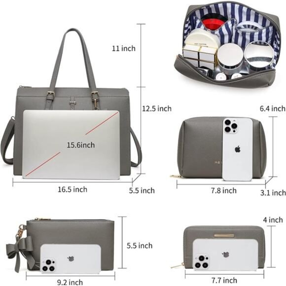 Keyli 4pc Sets Laptop Bag for Women Large Leather Laptop Briefcase with USB - Picture 3 of 7